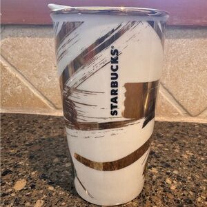 Starbucks 2014 White and Gold Brushstroke Holiday Ceramic Tumbler